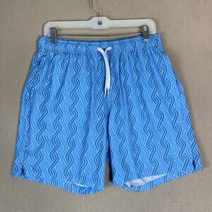 Bearbottom Swim Trunk Mens L Blue Striped Lined Elastic Waist Pockets Regular 7"